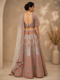 Grey Silk Designer Lehenga Choli with Heavy Traditional Embroidery & Net Dupatta