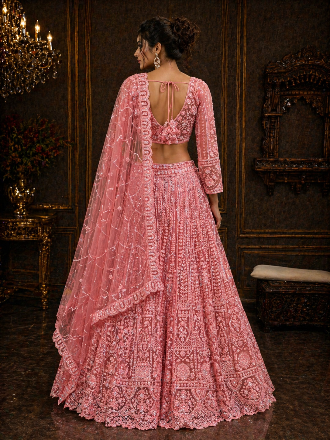 Women's Blush Pink Heavy Embroidered Net Lehenga Choli with Dupatta