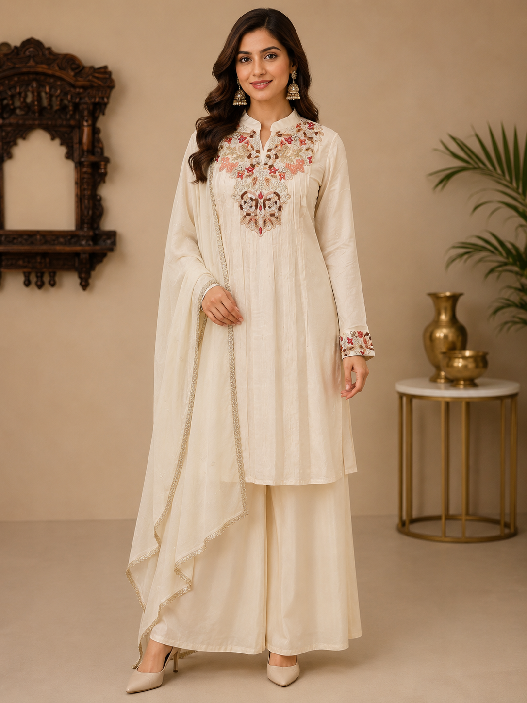 Ivory Chinnon Silk Embroidered Kurta Palazzo Set with Dupatta