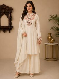 Ivory Chinnon Silk Embroidered Kurta Palazzo Set with Dupatta