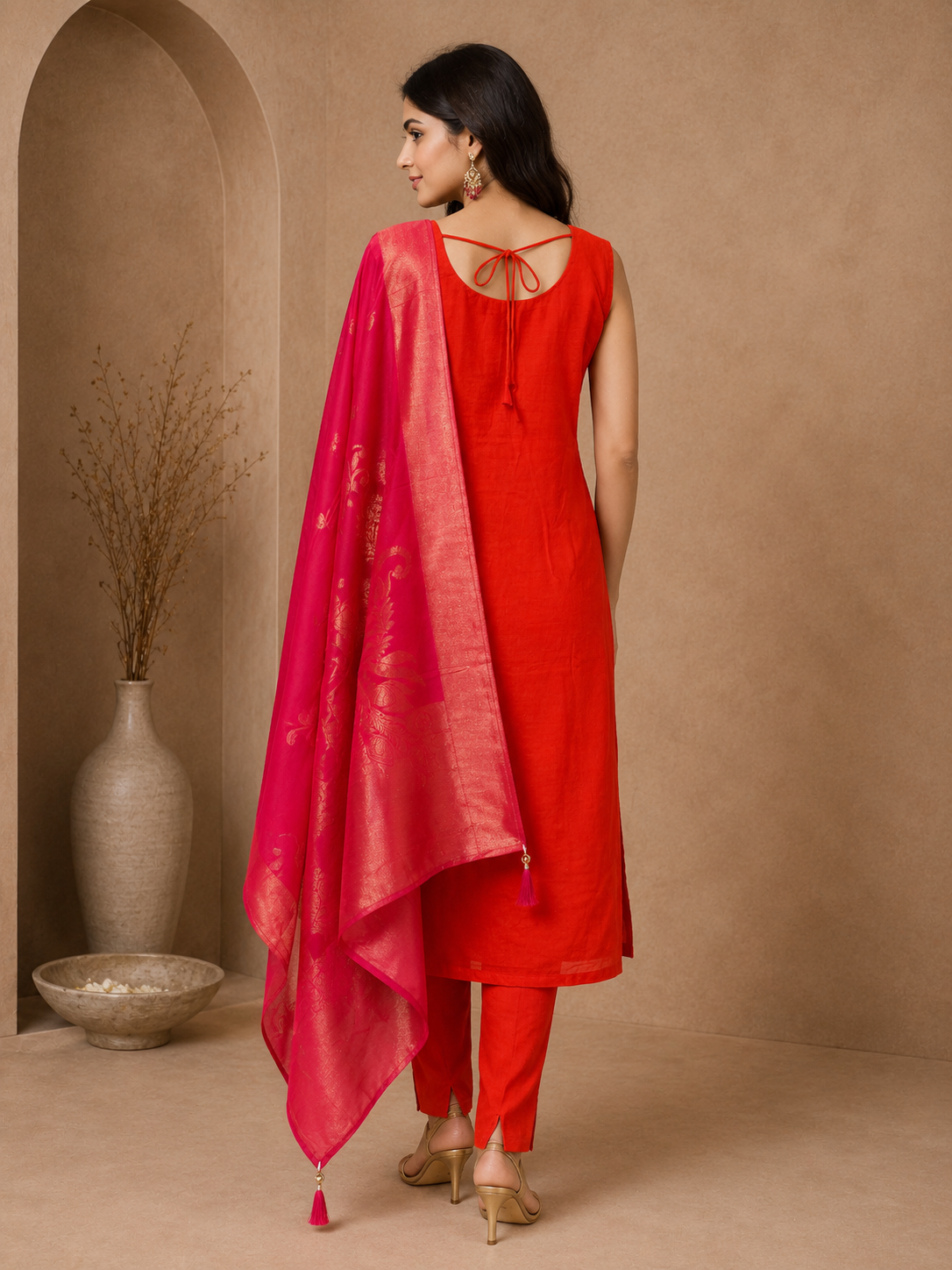 Premium Silk Straight Cut Suit Set with Woven Banarasi Dupatta – Orange & Pink