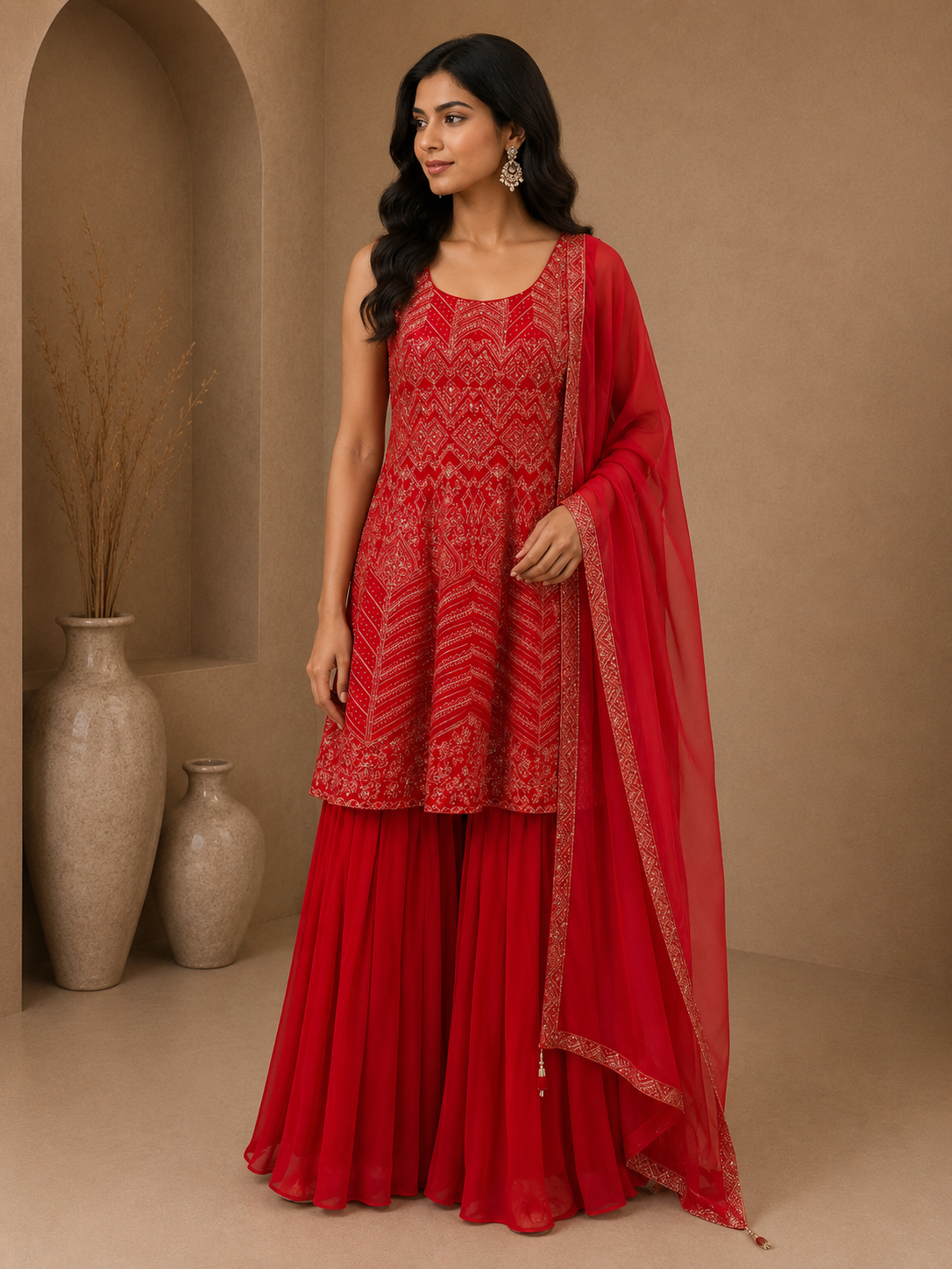 Premium Silk Embroidered Kurta Set with Flared Sharara & Organza Dupatta – Ruby Red