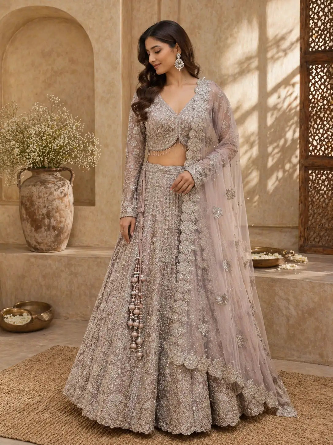 Elegant Beige Embroidered Net Lehenga Set