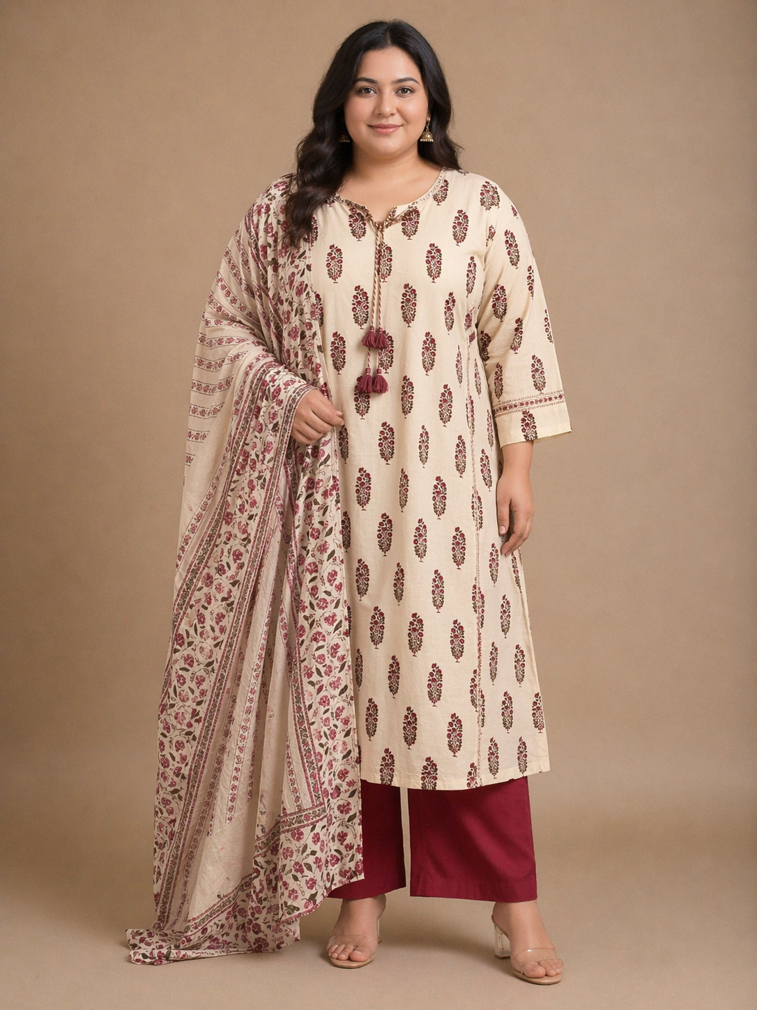 Beige & Maroon Printed Cotton Kurta Set with Dupatta (Plus Size Friendly)