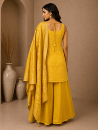 Premium Silk Straight Kurta Set with Palazzo & Woven Silk Dupatta – Mustard Yellow