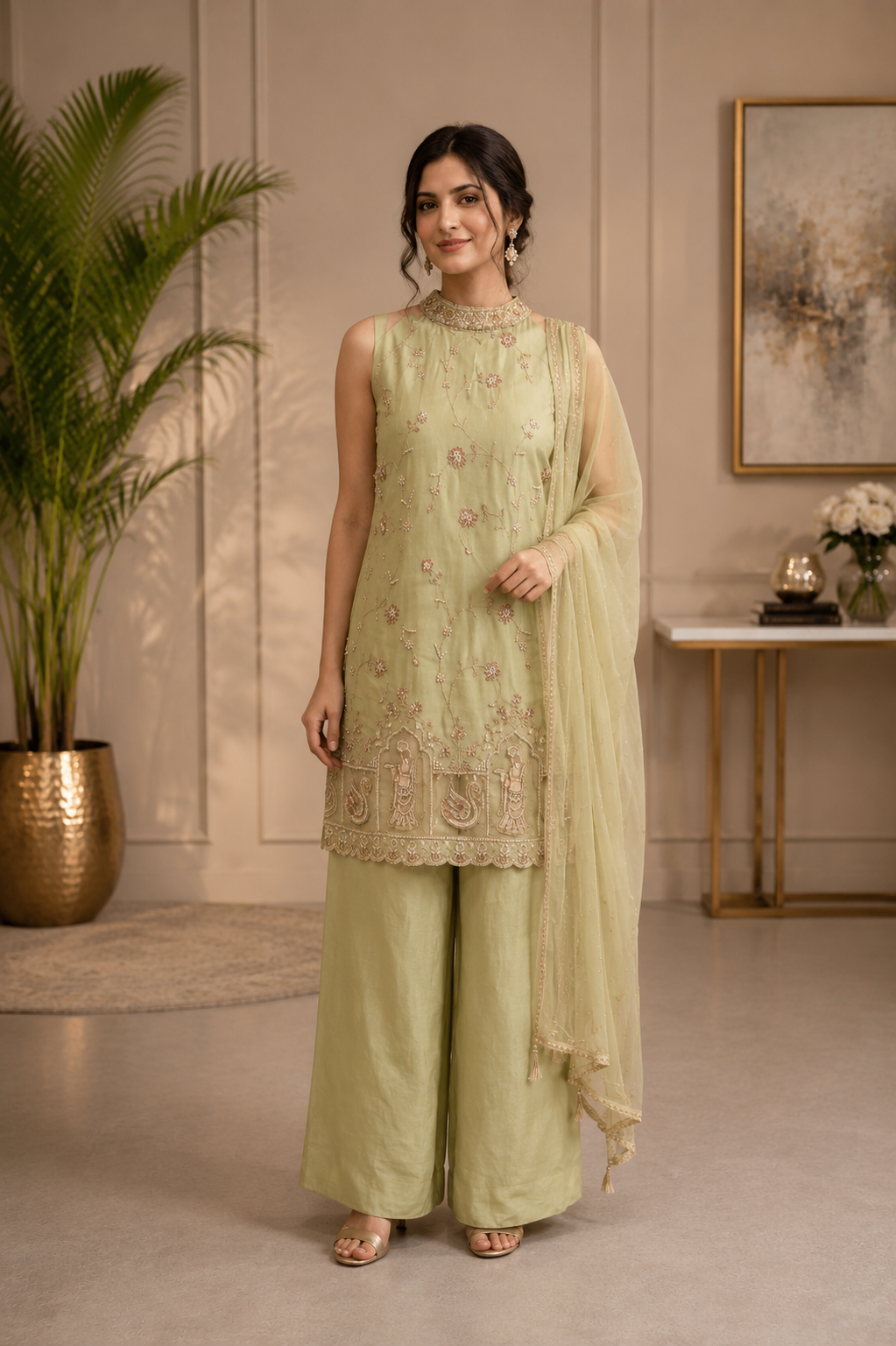 Women's Sage Green Embroidered Silk Kurta Palazzo Set with Dupatta