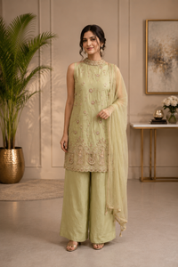 Women's Sage Green Embroidered Silk Kurta Palazzo Set with Dupatta