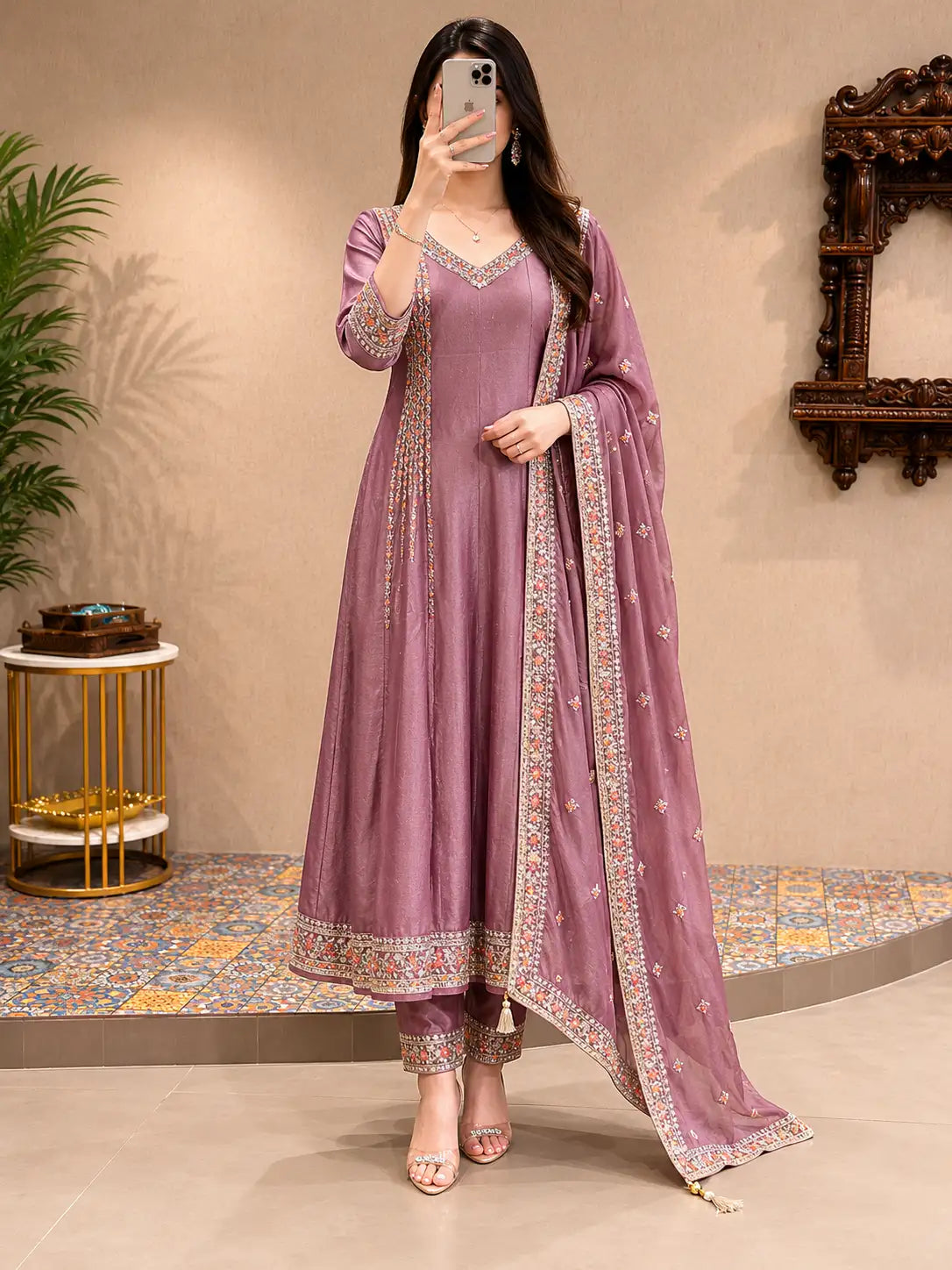 Mauve Embroidered Anarkali Suit Set