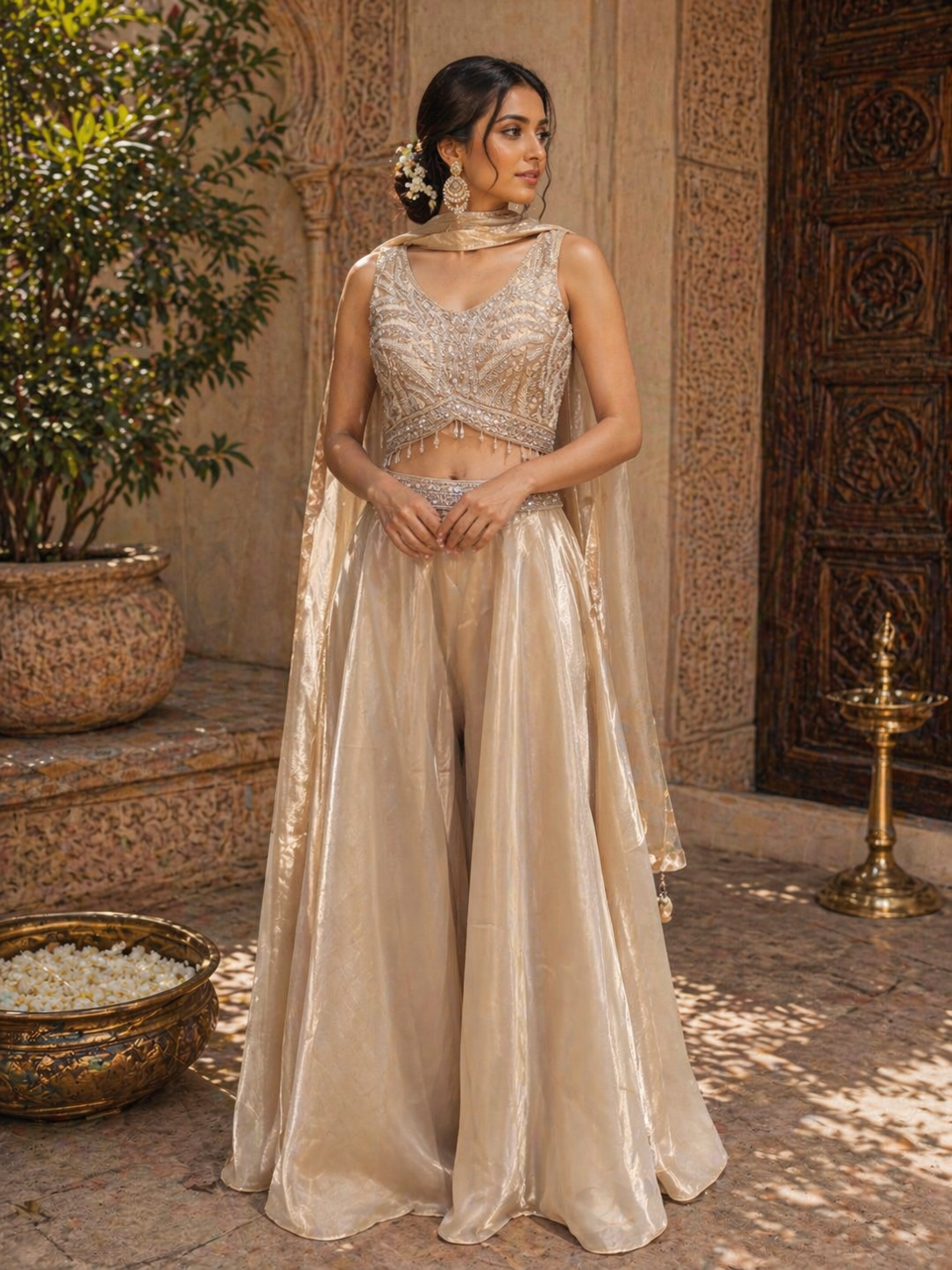 Champagne Gold Tissue Silk Lehenga Set with Embroidered Blouse & Dupatta | Luxury Wedding Wear