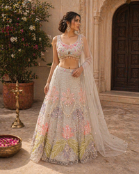 Pastel Net Lehenga Set with Multicolor Floral Embroidery & Designer Blouse | Bridal Wear