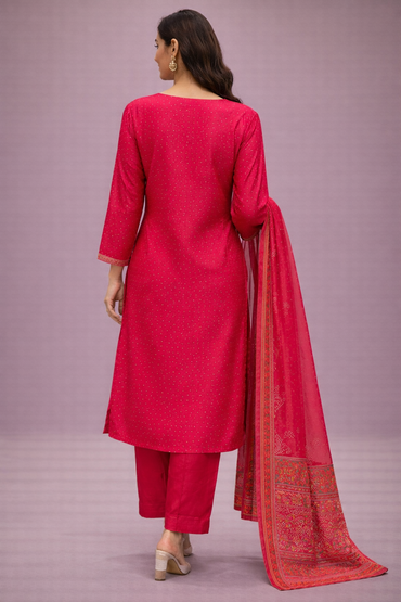 Rani Pink Silk Printed Kurta Pant Set with Dupatta