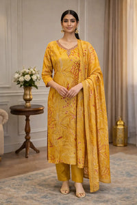 Mustard Yellow Silk Floral Printed Kurta Set with Dupatta