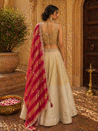 Gold Silk Lehenga Set with Embroidered Blouse & Pink Dupatta | Wedding & Bridal Wear
