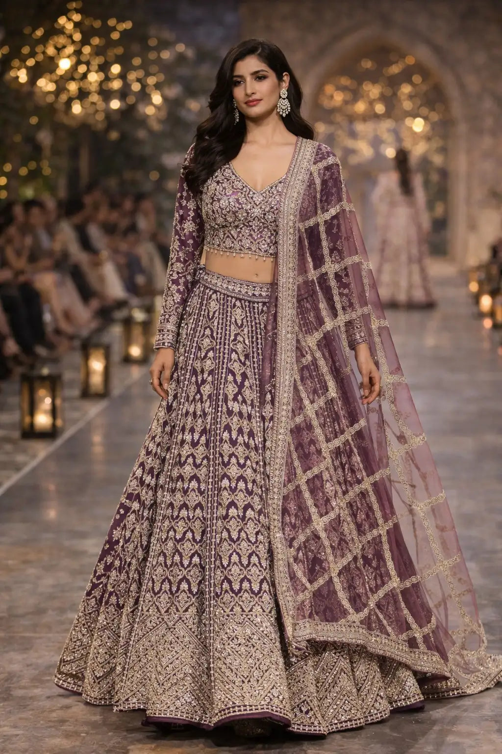 Wine Purple Embroidered Net Lehenga Set