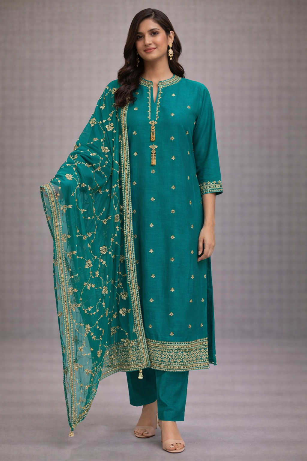 Emerald Green Silk Kurta Set with Embroidered Dupatta