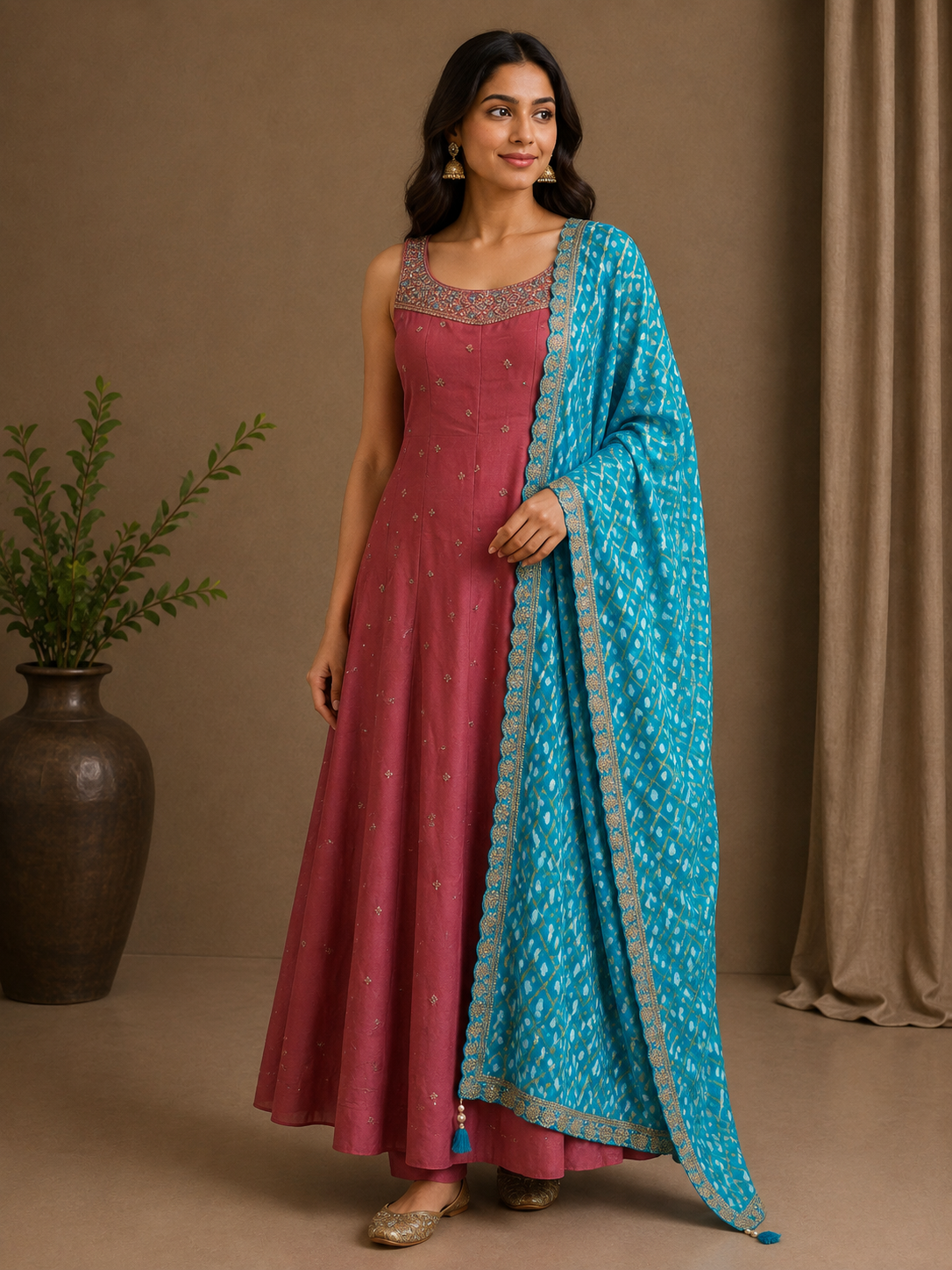 Rose Pink Vichitra Silk Anarkali with Turquoise Dupatta