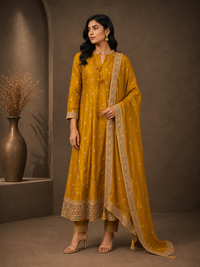 Premium Vichitra Silk Anarkali Suit Set with Embroidered Dupatta – Mustard Gold