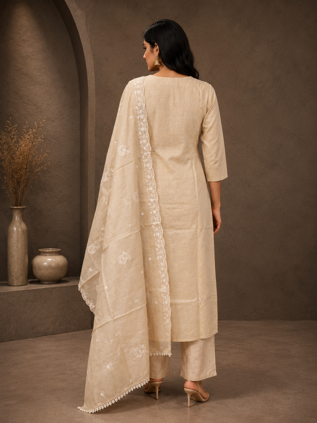 Premium Khadi Silk Embroidered Straight Suit Set with Dupatta – Ivory Beige