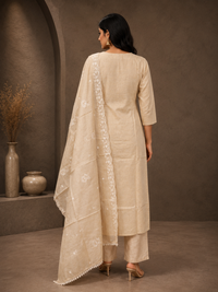 Premium Khadi Silk Embroidered Straight Suit Set with Dupatta – Ivory Beige
