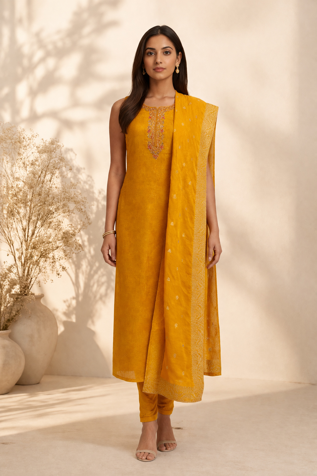 Mustard Yellow Silk Straight Kurta Set with Dupatta