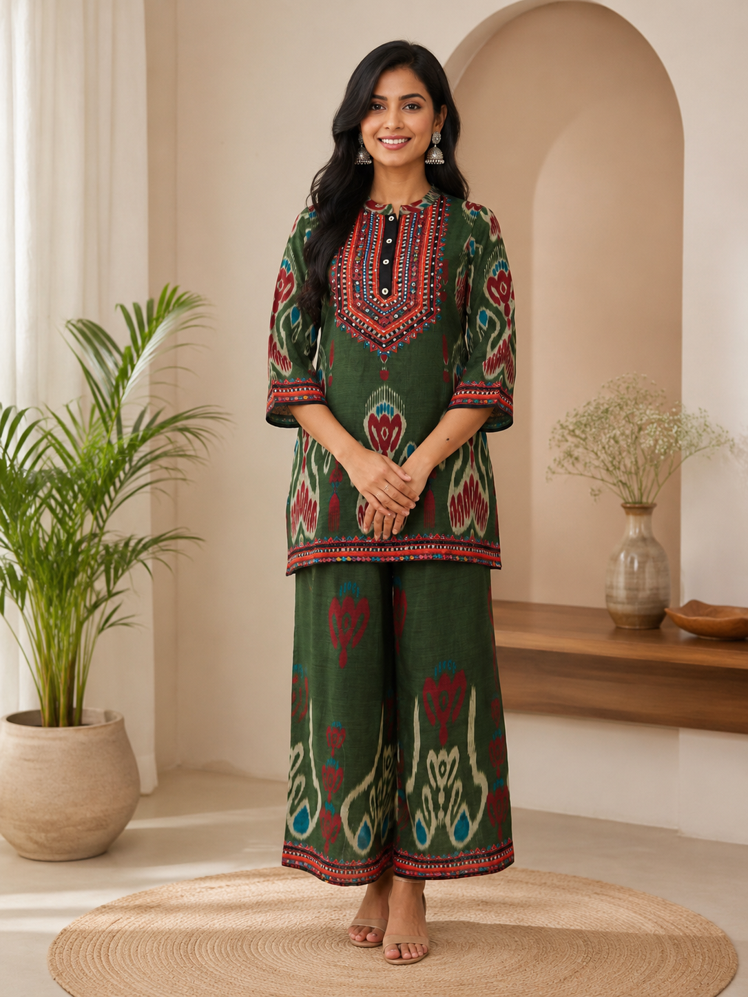 Olive Green Muslin Printed Kurta Set with Palazzo Pants
