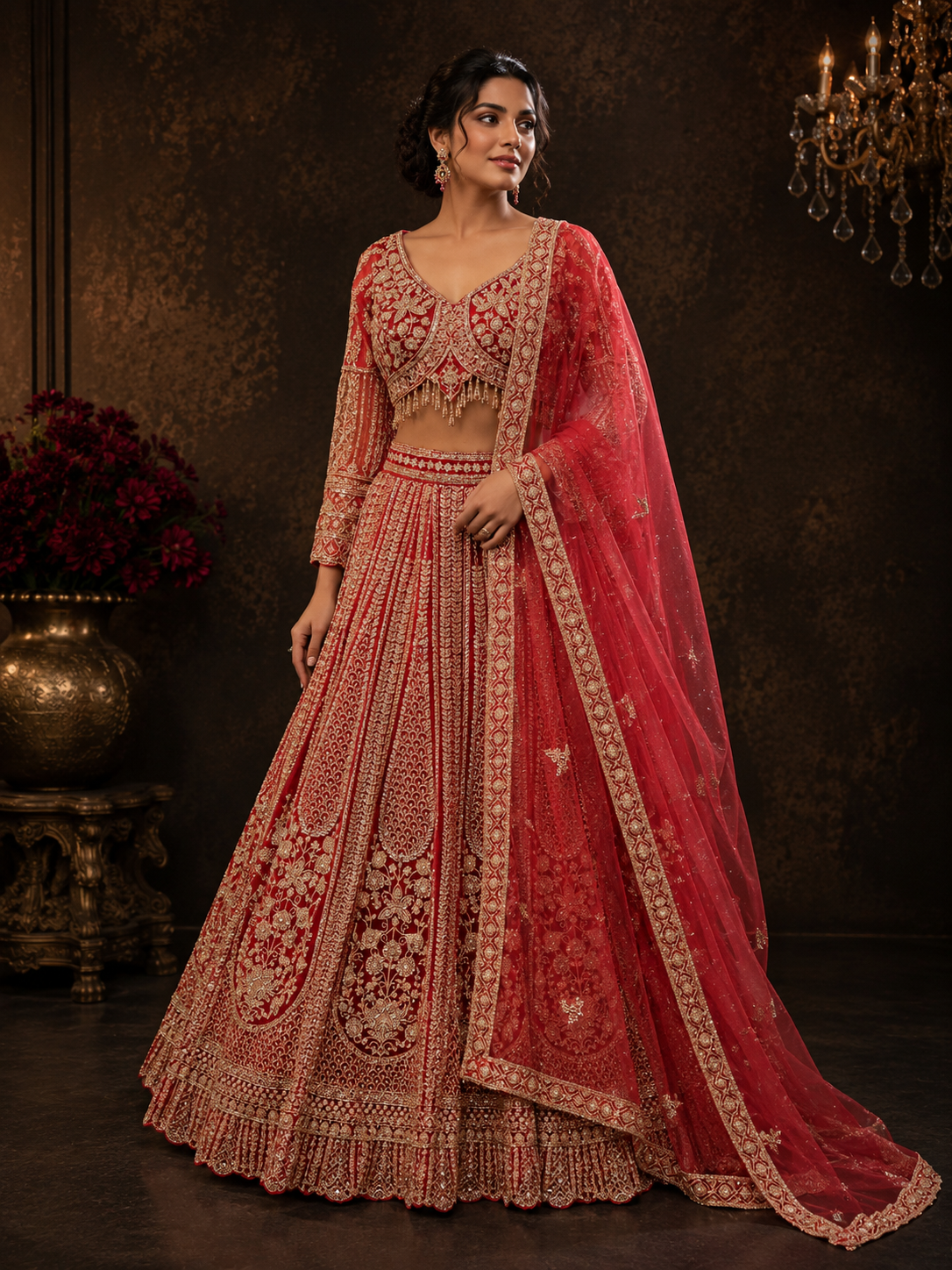 Royal Red Silk Designer Lehenga Choli with Heavy Golden Zari Embroidery & Net Dupatta