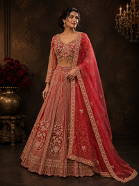 Royal Red Silk Designer Lehenga Choli with Heavy Golden Zari Embroidery & Net Dupatta