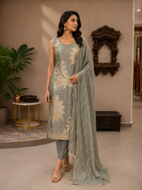 Women's Silver Grey Tissue Silk Kurta Pant Set with Embellished Dupatta