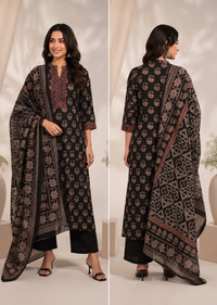 Black Cotton Printed Kurta Set with Dupatta