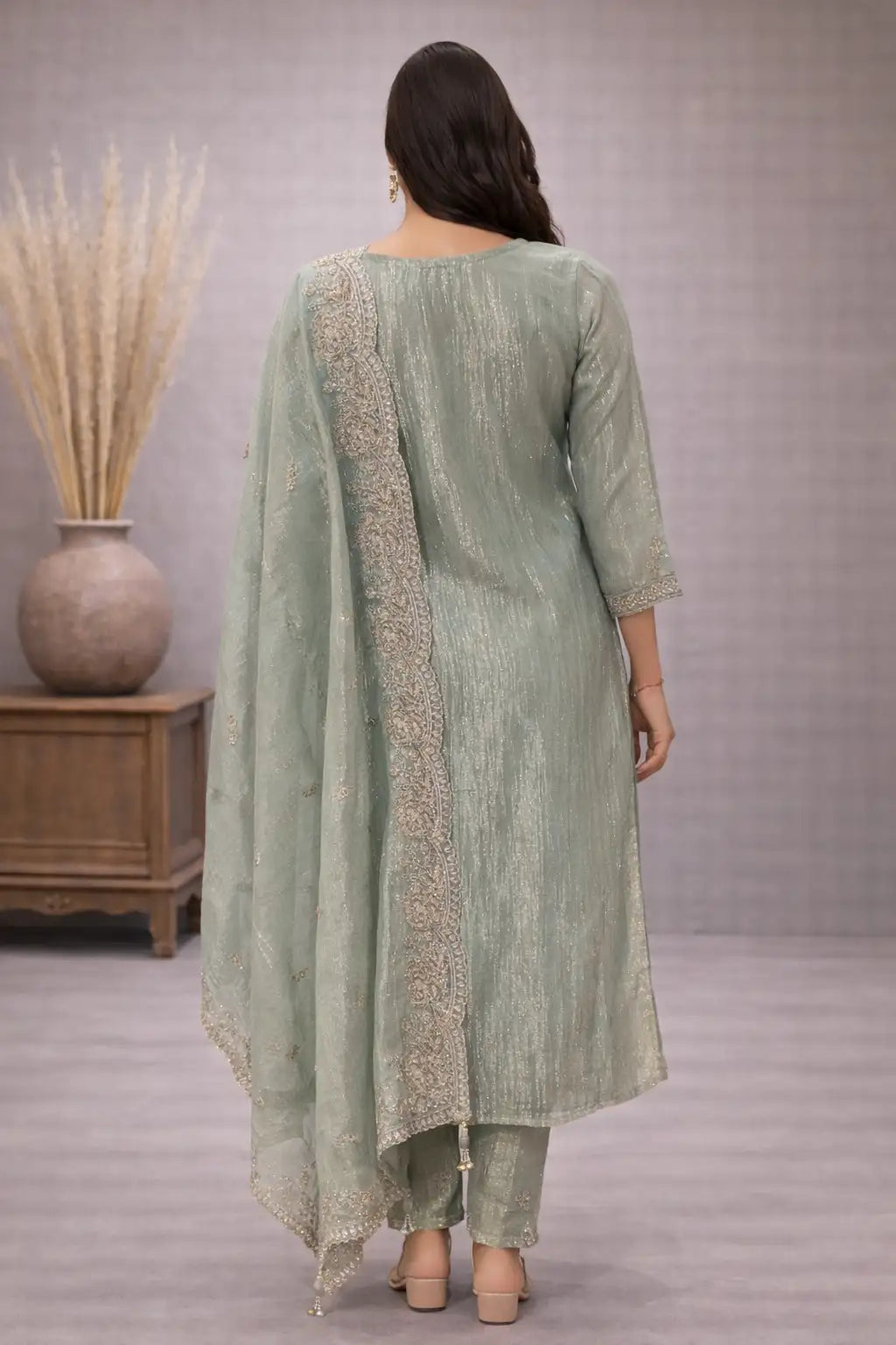 Women's Pastel Mint Green Tissue Embroidered Kurta Pant Set with Dupatta