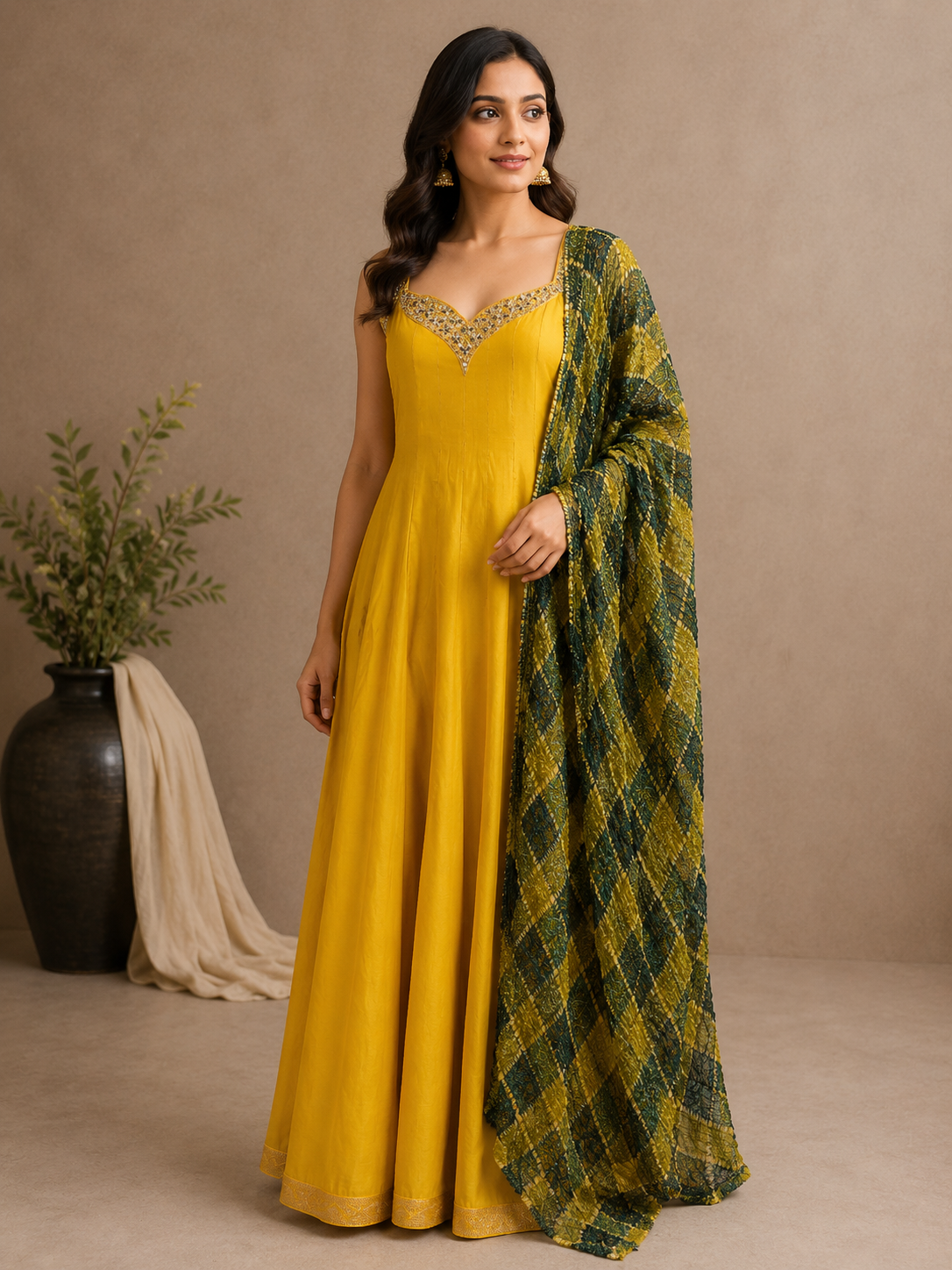 Mustard Yellow Vichitra Silk Anarkali with Printed Dupatta
