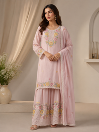 Light PInk Floral Embroidered Silk Kurta Sharara Set with Dupatta for Women
