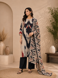 Women's Ikkat Print Pure Chanderi Silk Kurta Pant Set with Dupatta