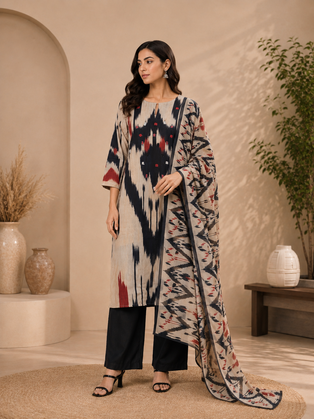 Women's Ikkat Print Pure Chanderi Silk Kurta Pant Set with Dupatta