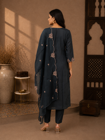 Premium Mul Chanderi Embroidered Anarkali Suit Set with Embroidered Dupatta – Slate Blue