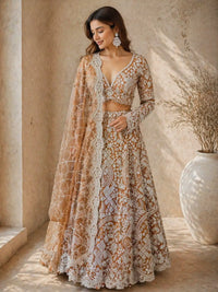 Elegant Brown Net Embroidered Lehenga Set