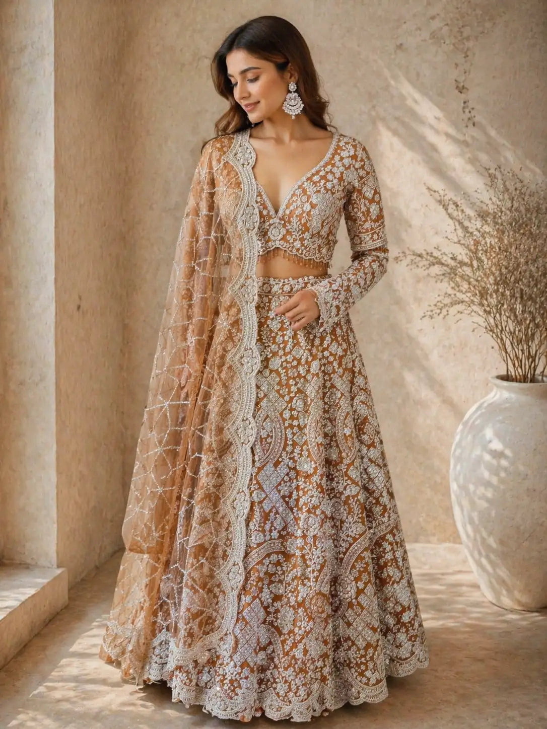 Elegant Brown Net Embroidered Lehenga Set