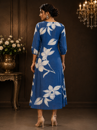 Royal Blue Muslin Silk Floral Printed A-Line Dress for Women