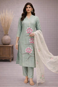 Pastel Green Chanderi Silk Hand-Printed Suit Set with Dupatta