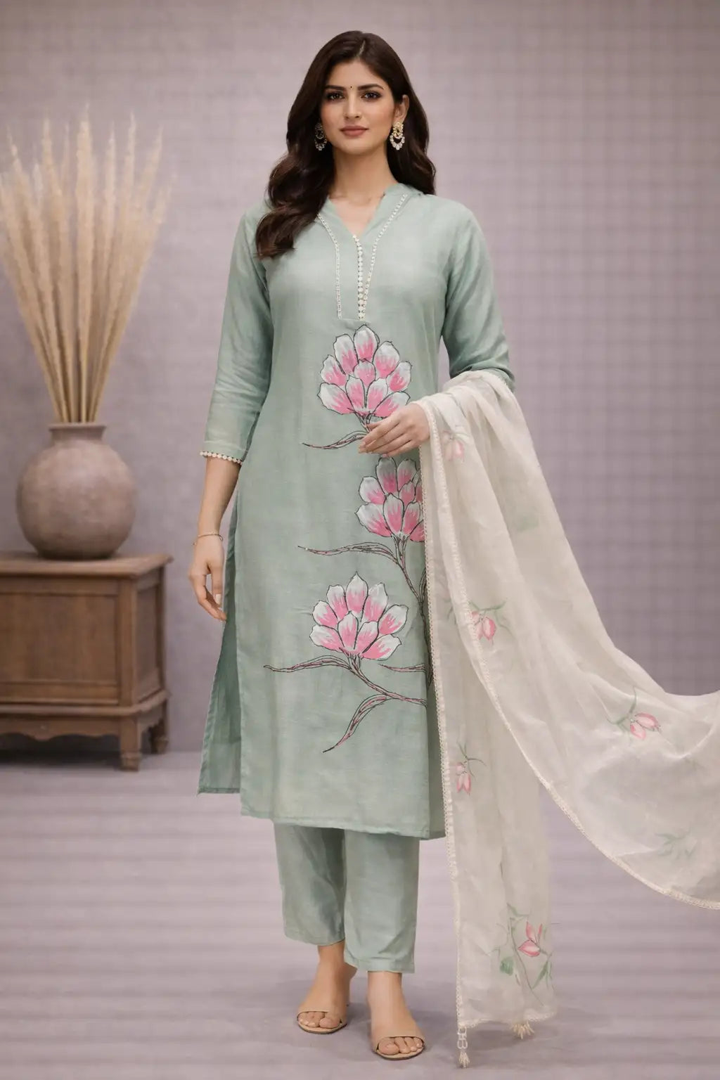 Pastel Green Chanderi Silk Hand-Printed Suit Set with Dupatta