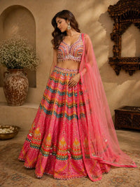 Multicolor Pink Embroidered Festive Lehenga Set