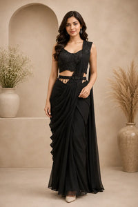 Midnight Black Designer Ruffle Saree with Embellished Blouse