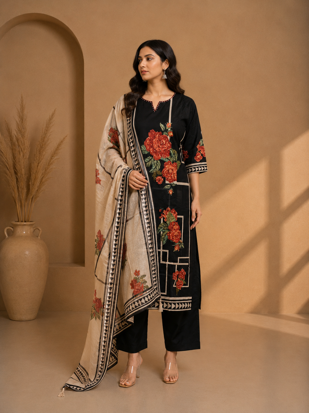 Black Floral Printed Cotton Kurta Set with Dupatta