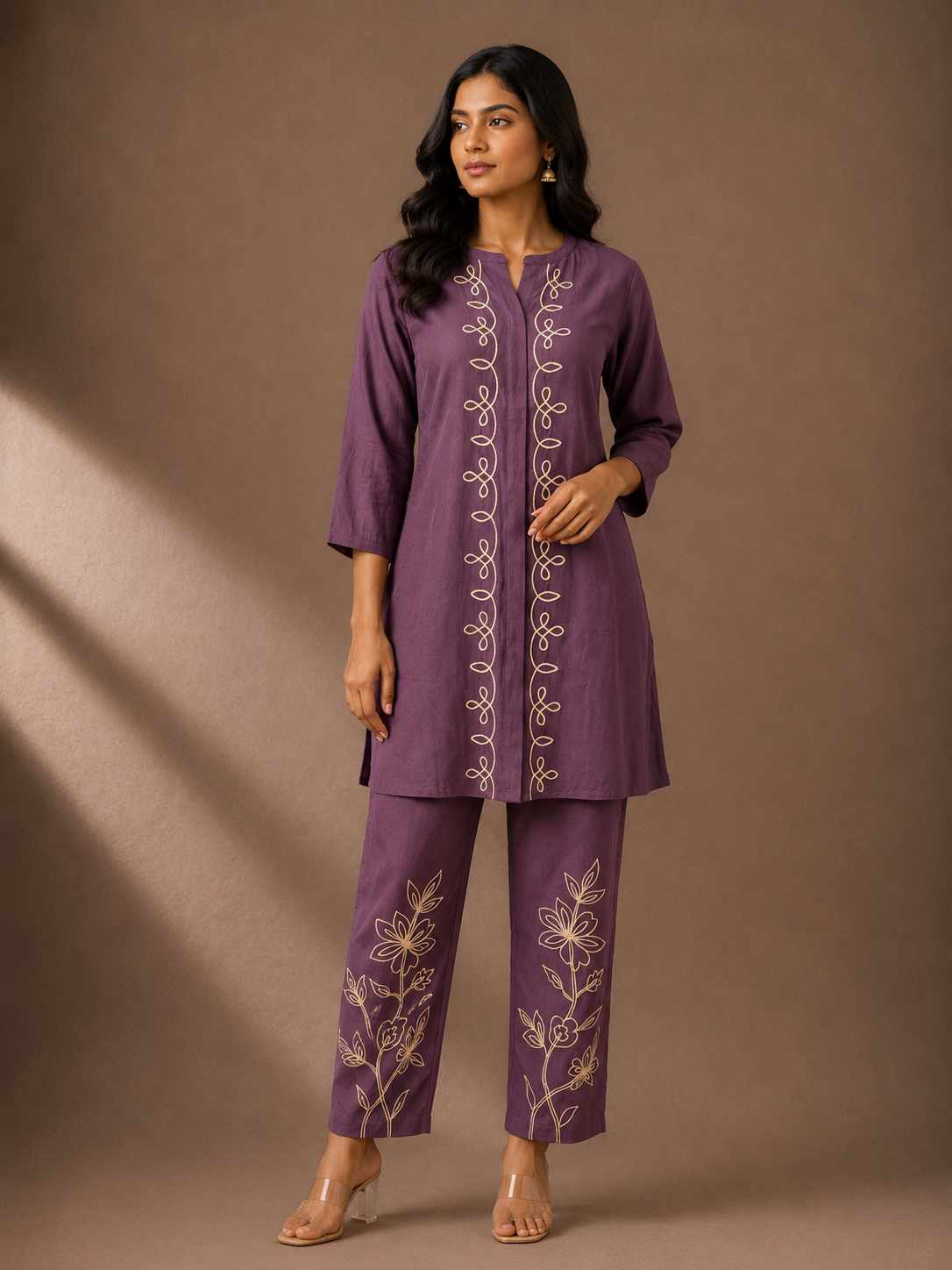 Dusty Plum Silk Blend Embroidered Kurta Pant Set