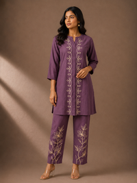 Dusty Plum Silk Blend Embroidered Kurta Pant Set