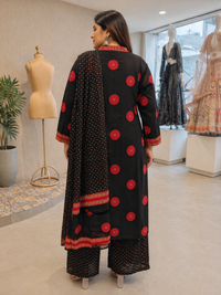 Women's Black & Red Printed Cotton Kurta Pant Set with Dupatta
