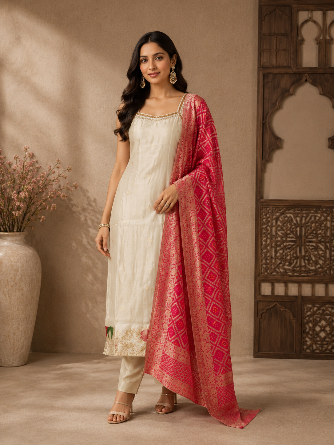 Elegant Ivory Silk Straight Suit Set with Pink Banarasi Dupatta