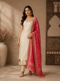 Elegant Ivory Silk Straight Suit Set with Pink Banarasi Dupatta