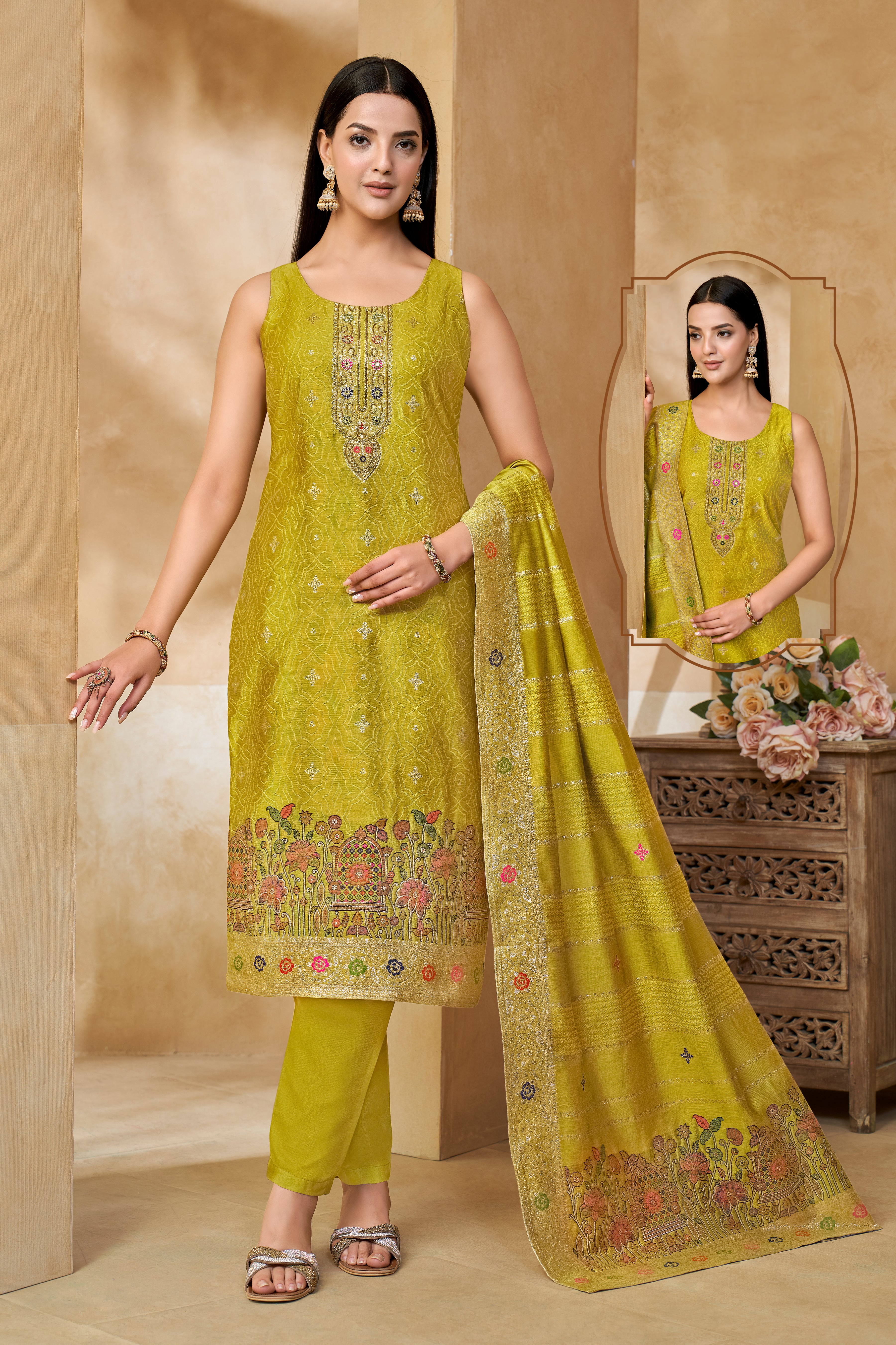 Chartreuse Green Silk Woven Suit Set