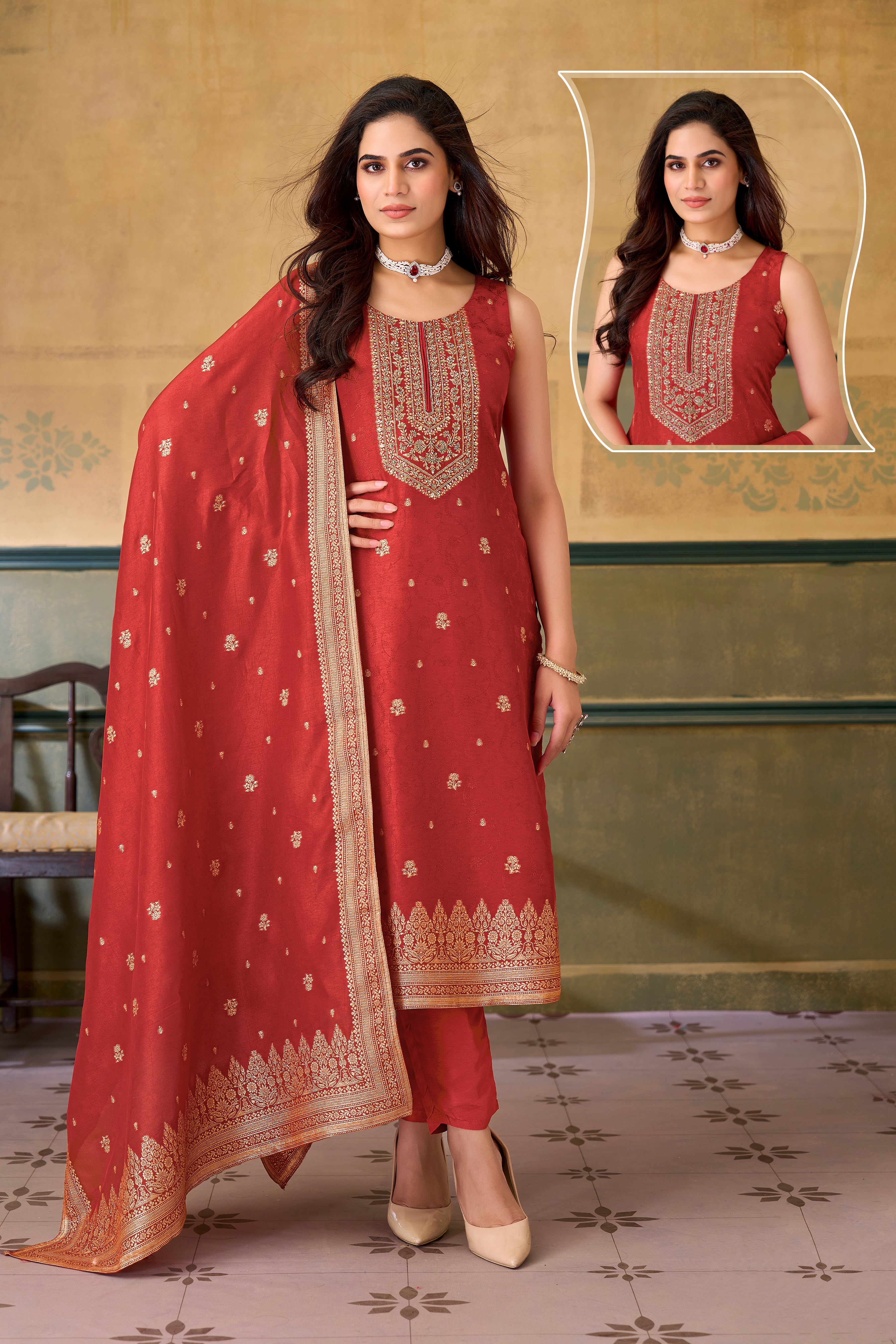 Vermilion Red Silk Woven Suit Set